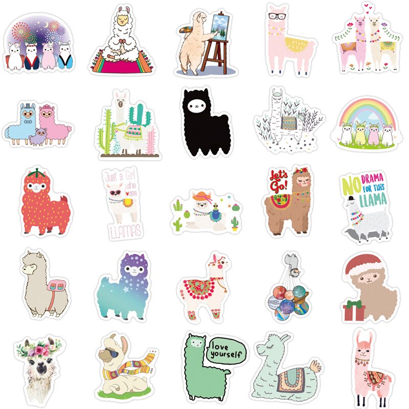50 Stks/pak Leuke Cartoon Alpaca Waterdichte Label Stickers Voor Koelkast Auto Helm Diy Geschenkdoos Fiets Notebook Skate Kofferbak