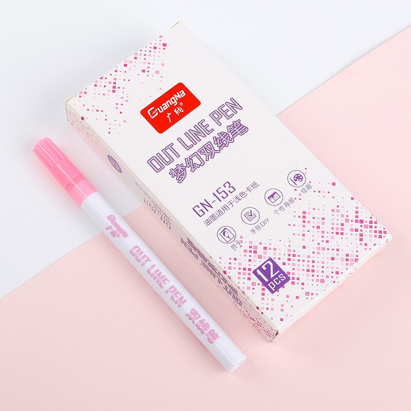 12 Magic Double Lines Art Markers Pen Out Line Pen Fine Liner Marker Fineliner Calligraphy Lettering Pen Color Scrapbooking Pens: Pink 12pcs