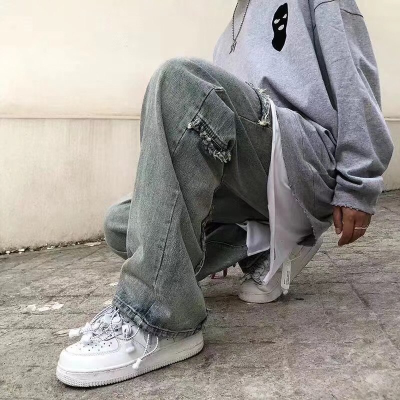 Pantalones vaqueros deshilachados y holgados desgastados para hombres y mujeres, Pantalones rectos de tela vaquera sueltos, pantalones Harajuku de talla grande de Hip Hop
