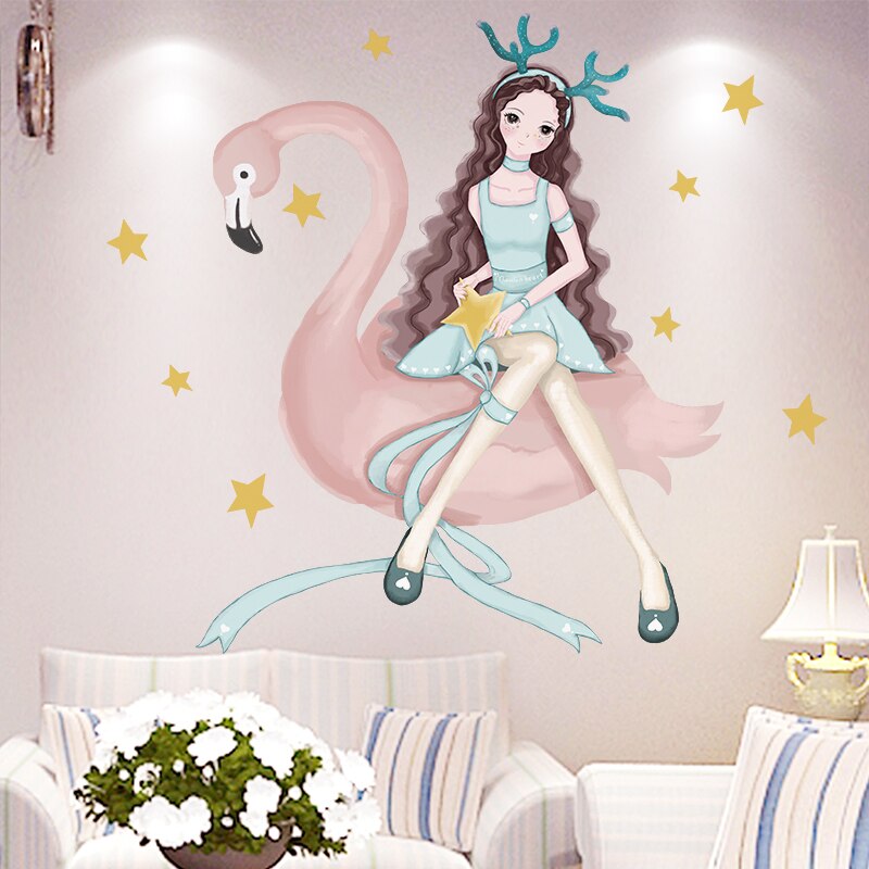 Muurstickers voor cartoonmeisjes, doe-het-zelf flamingo-dieren, muurstickers voor kinderkamers, babykamer, kinderkamer, huisdecoratie