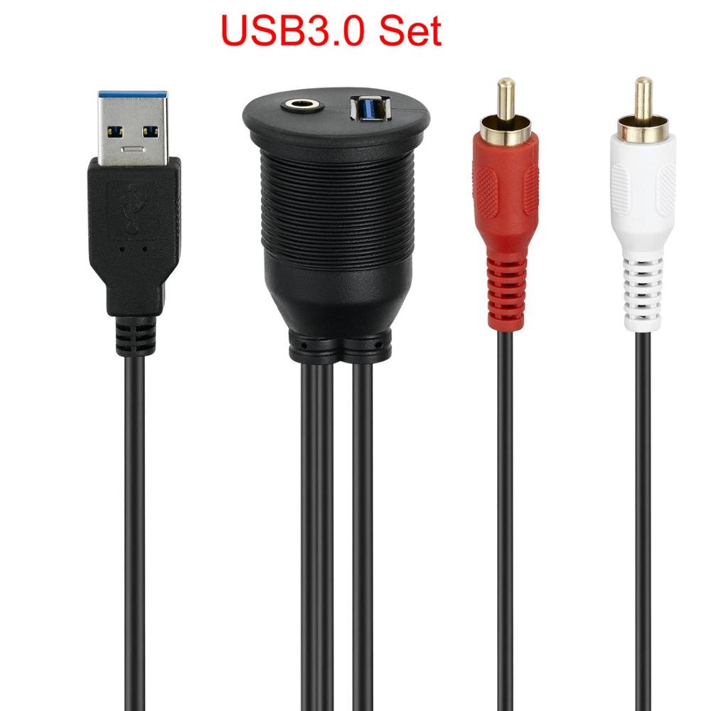 Bochara USB Flush Mount Panel USB 2.0 USB 3.0 Male to Female Extension+3.5mm Female to 2RCA Dashboard Cable For Car Motorcycle