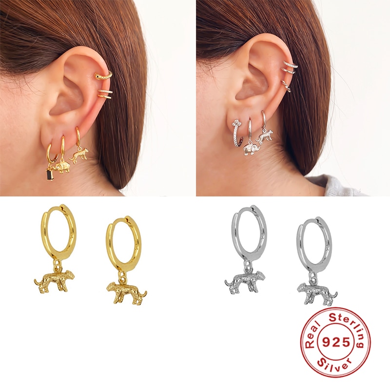 Pendientes ROXI de aro de guepardo animales para mujeres, hombres, , de cumpleaños, cartílago arete de plata 925, joyería, Pendientes