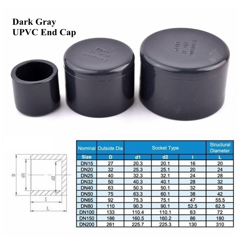1 Piece ID.20~160mm UPVC End Cap Dark Gray Aquarium Tank Water Pipe Connector PVC Plug Watering Irrigation PVC Socket Tube Joint