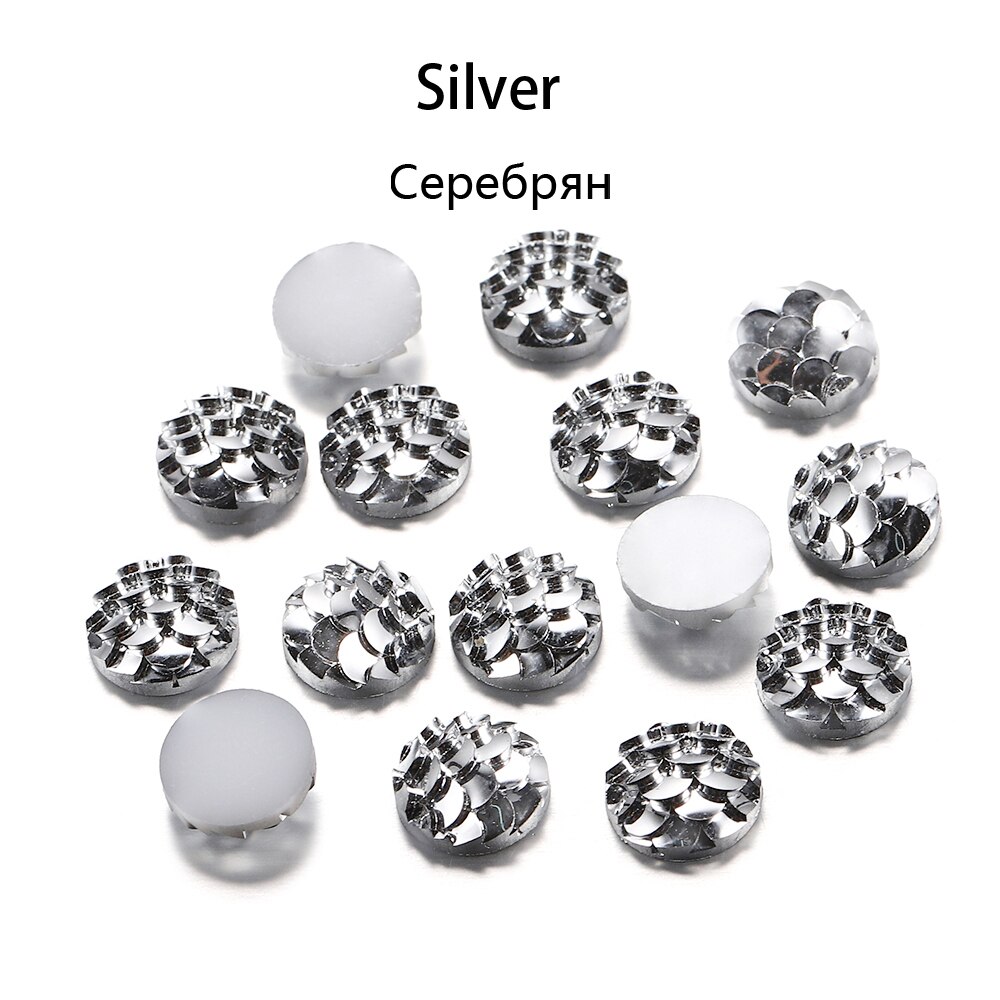 50Pcs 8mm Fish Scale Cabochons Flat Back Mermaid Resin Cabochon For Diy Jewelry Making Finding Supplies Accessories Bracelets: Silver