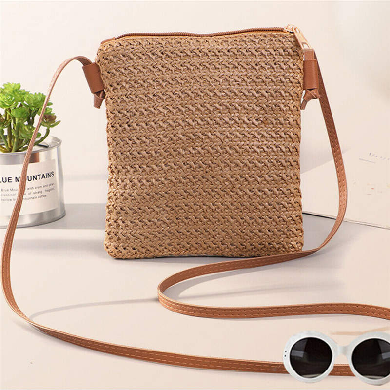Vrouwen Kleine Vierkante Stro Zakken Strand Stijl Crossbody Schoudertas Handtas Emmer Zak: A2