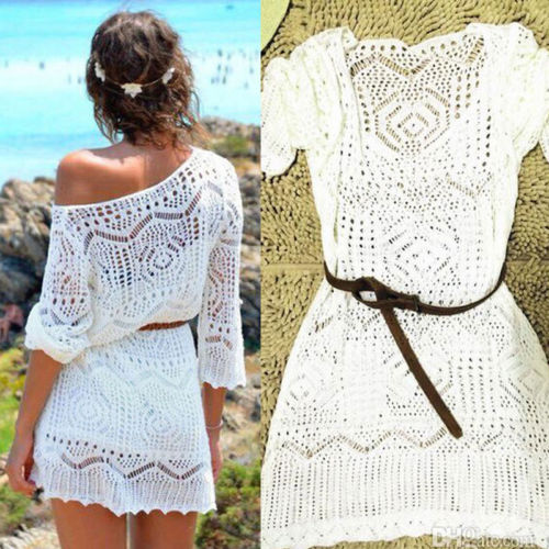 Frauen Damen Spitze Häkeln lässig Kleid Sommer Kleidung Abdeckung hoch Bademode Badeanzug Sommer Bademode