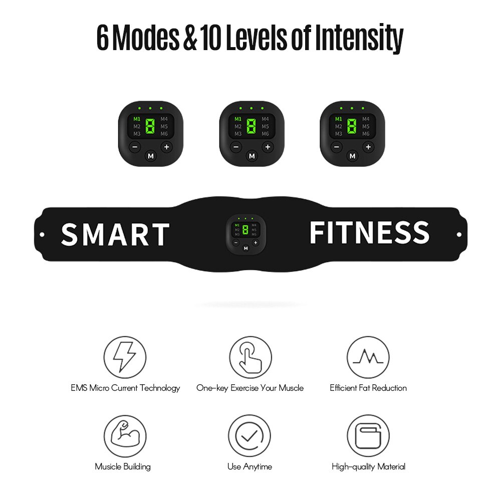 Massager Fitness Trainer Belt Electric Abs Stimulator Unisex Abdominal Muscle Trainer 6 Modes 10 Levels Intensity 15min Timing