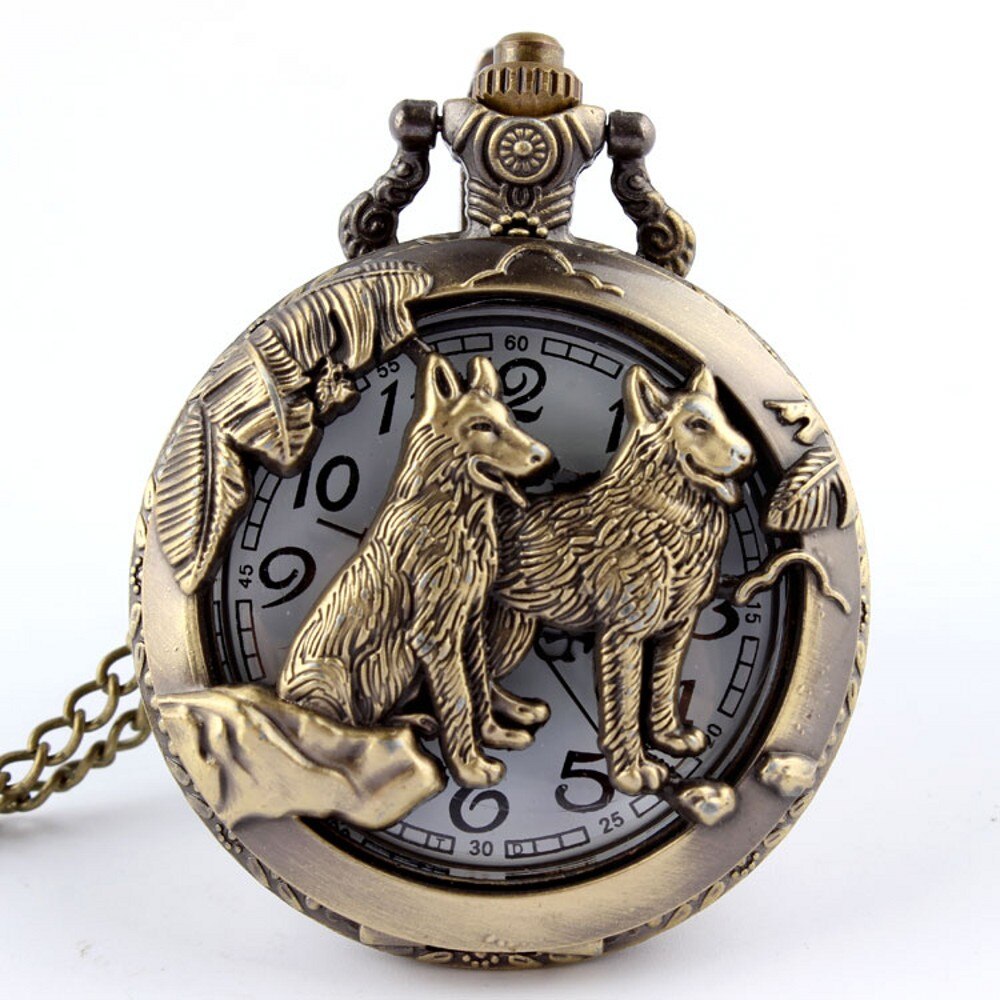 Retro Bronze Wolf Hollow Quartz Pocket Watch Mens Women Necklace Pendant FOB Chain Steampunk Pocket Watches: wolf