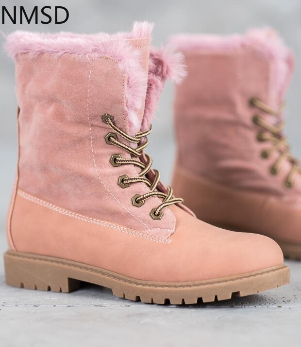 Vinter snøstøvler kvinner snører tykk pels varme vinterstøvler kvinnelige sko ankelstøvletter