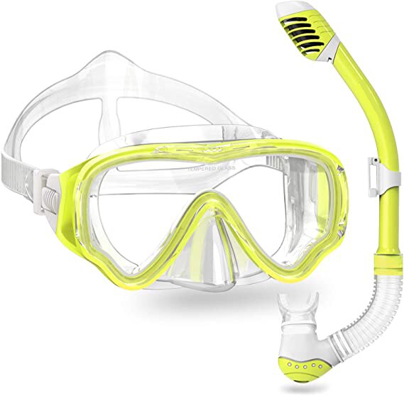 2022 Snorkelling Snorkel Diving Scuba Set Gear for Kids Youth Junior Anti-Fog Tempered Glass Snorkel Mask Snorkeling Swimming: Yellow