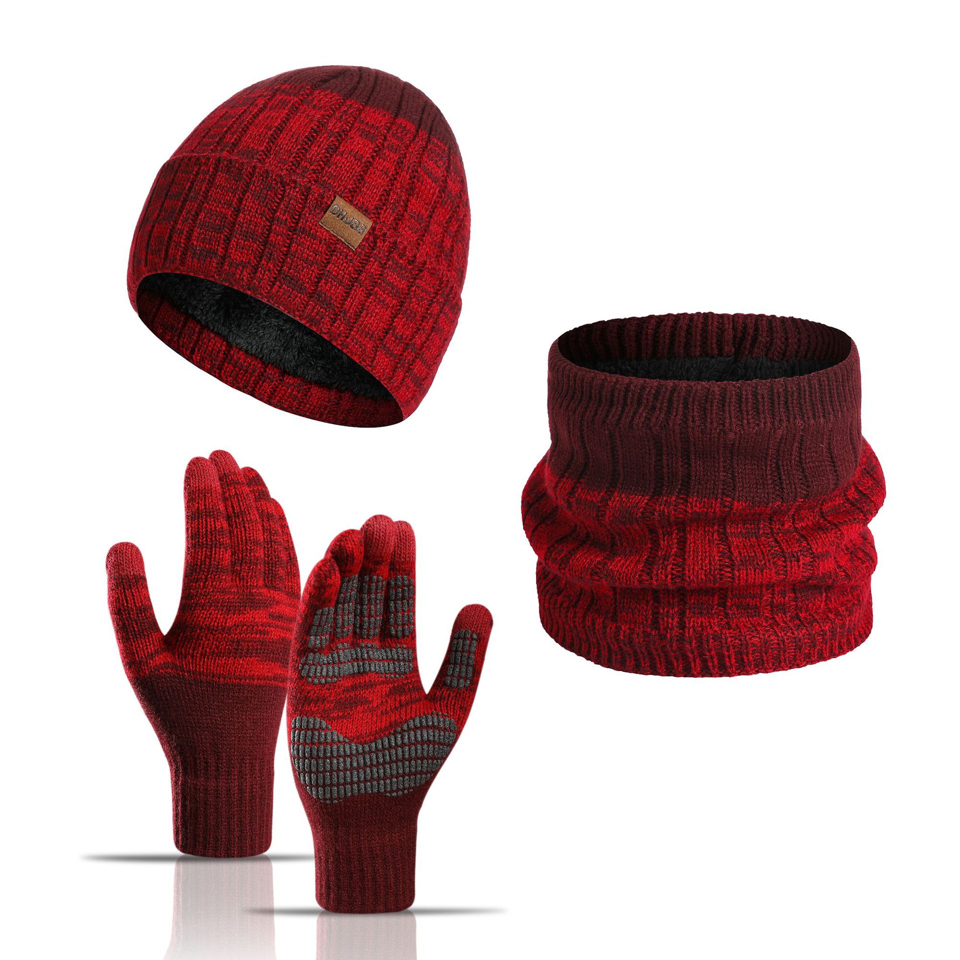 3pcs/set Winter Autumn Knitted Scarf Hat Glove Sets Warm Windproof Thickened Soft Touch Screen Gloves Suit: red