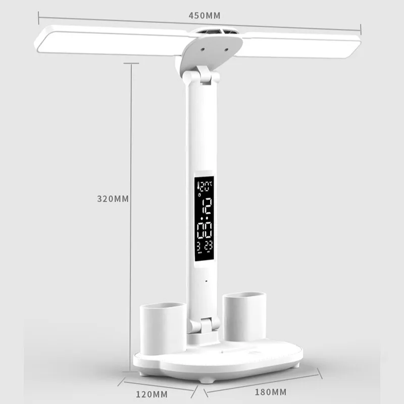 LED-Tischlampe, doppelköpfig, über USB aufladbar, dimmbar, Schreibtischlampe mit Kalender, Uhr, faltbar, Augenschutz, Lese-Nachtlicht