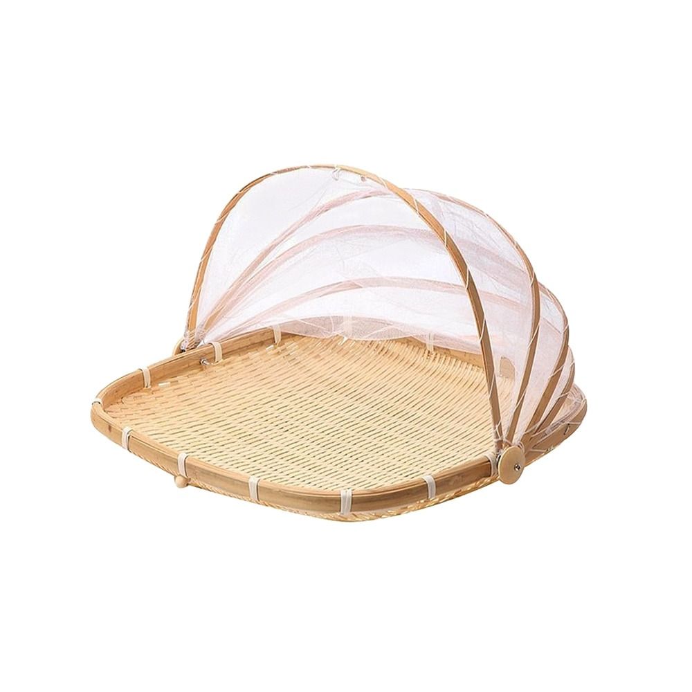 Bamboo Woven Basket Anti-Mosquito Net Fruit Vegetable Laundry Baskets Dustpan Tent Basket Tray Outdoor Picnic Mesh Net Cover: Blue