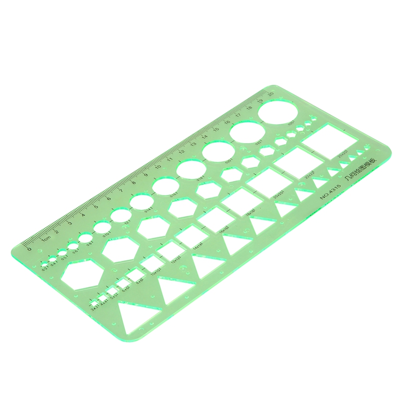 Green Plastic Circles Squares Hexagons Geometric Template Ruler 0-20cm