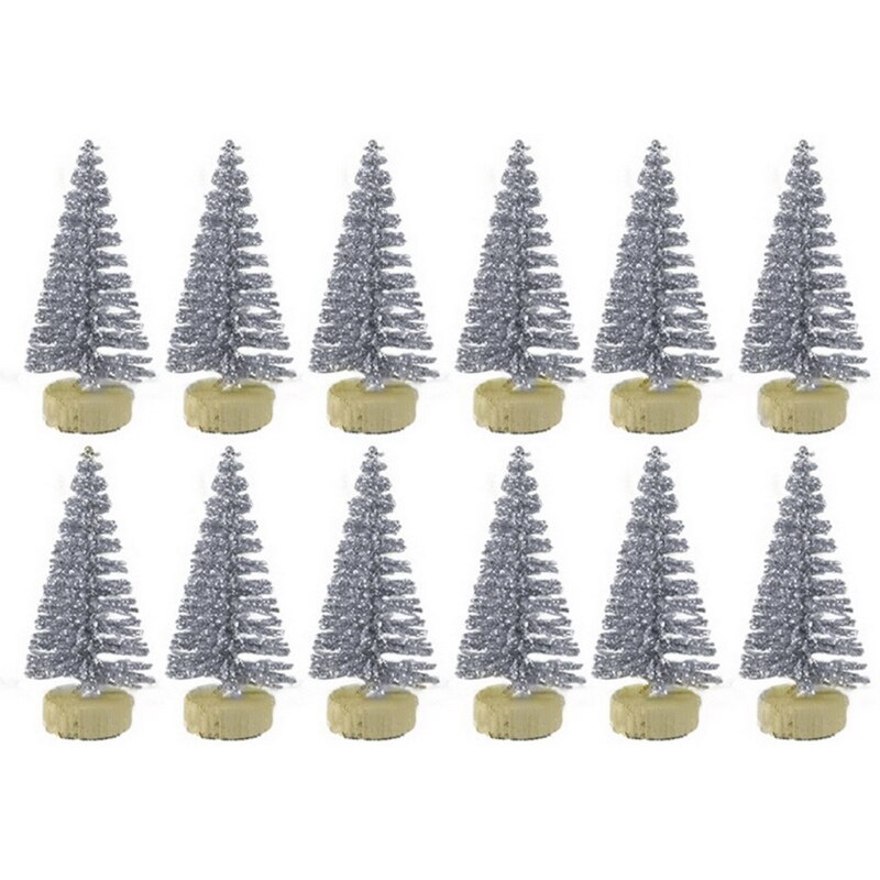 Xxfa 12 Stuks Mini Kerstboom Grenen Bomen Diy Kerstversiering Voor Thuis Tafel: Silver glitter