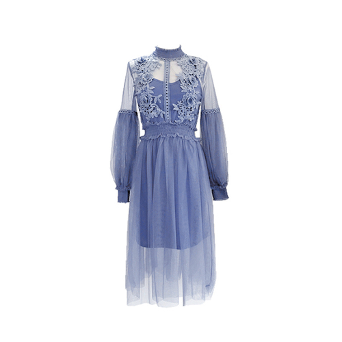 Women Dress Stand Collar Lantern Sleeve Mesh Dress See-through Lace Embroidery Fairy Dress Femme Vestidos Robe: Blue / M