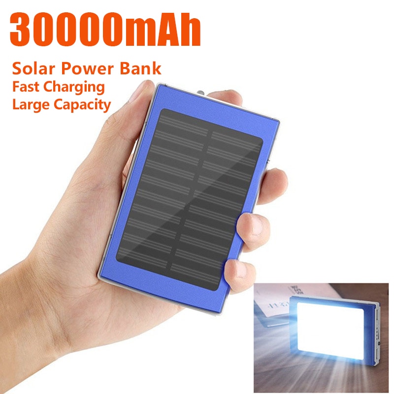 Banco de energía Solar para exteriores, batería de emergencia de 30000mAh, impermeable, doble salida USB, linterna de litio LED para teléfono inteligente