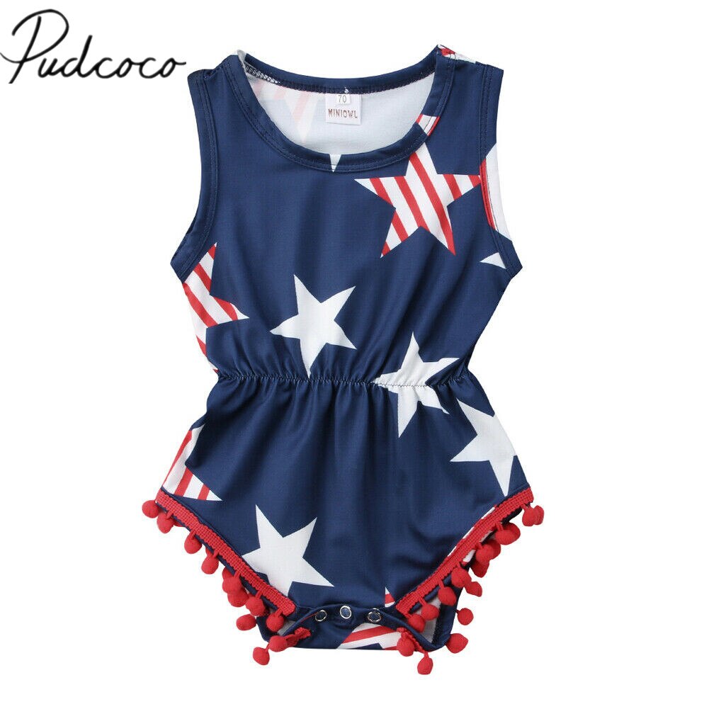 Baby Summer Clothing 4th of July Newborn Kid Baby Girl Boy Jumpsuit Sleeveless Stars Print Tassel Playsuit Bodysuit Outfits