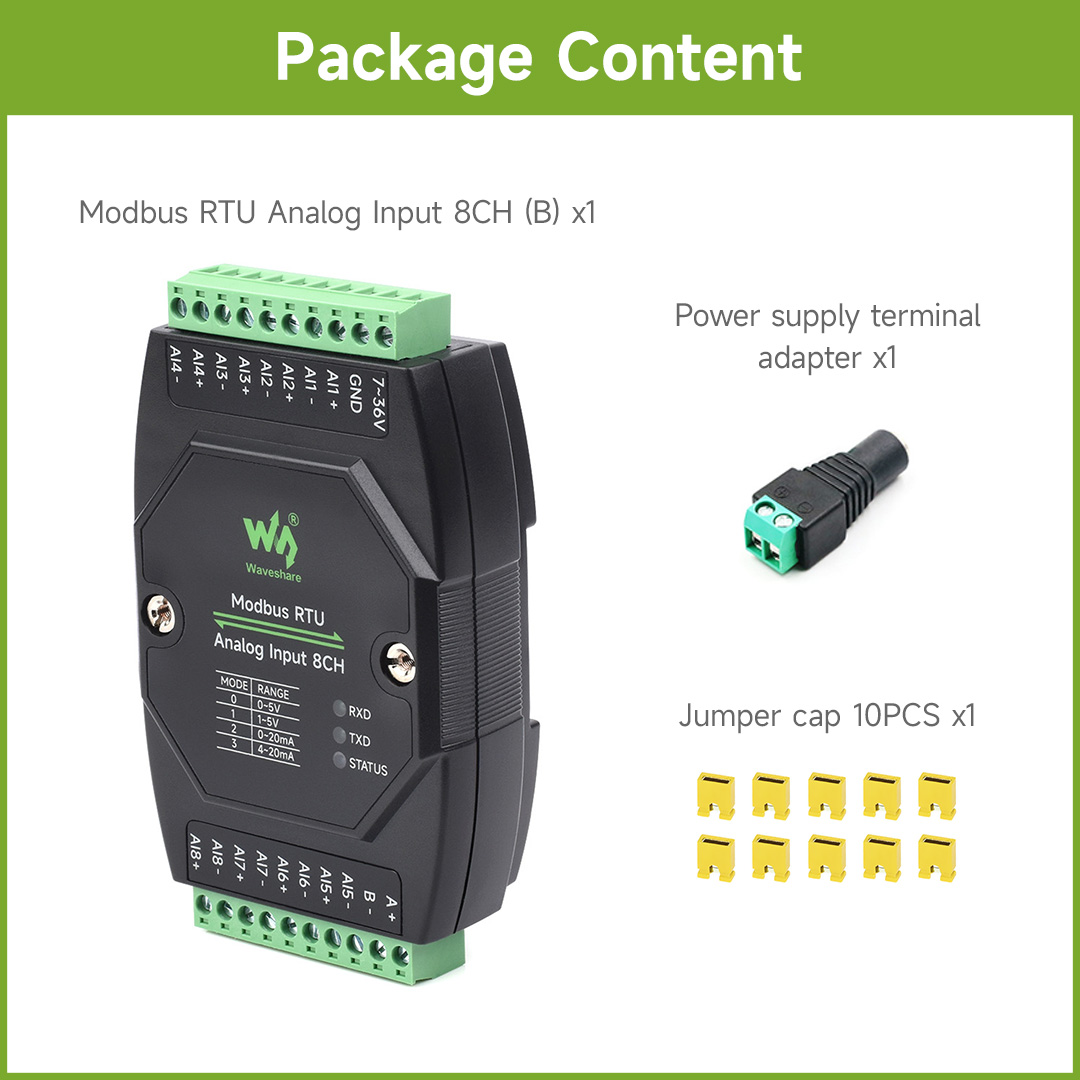 Waveshare Industrial Modbus RTU entrée analogique 8CH, Modbus RTU, haute précision 12 bits, prend en charge l'acquisition de tension et de courant: Black