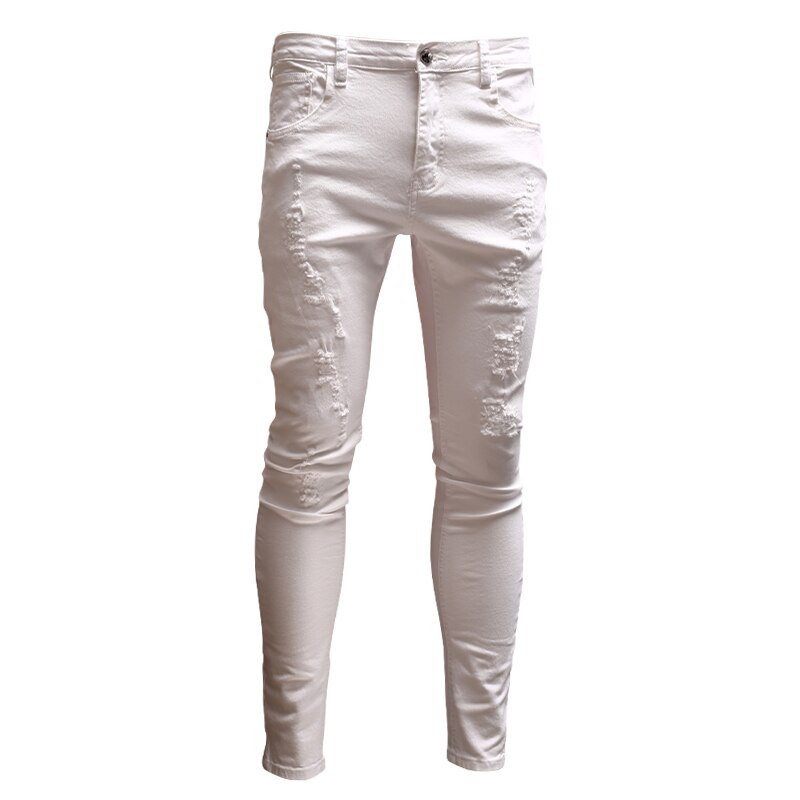 Afslappet herre skinny rippet hvide jeans streetwear jean bukser til cowboys mænd psmj 74: 32