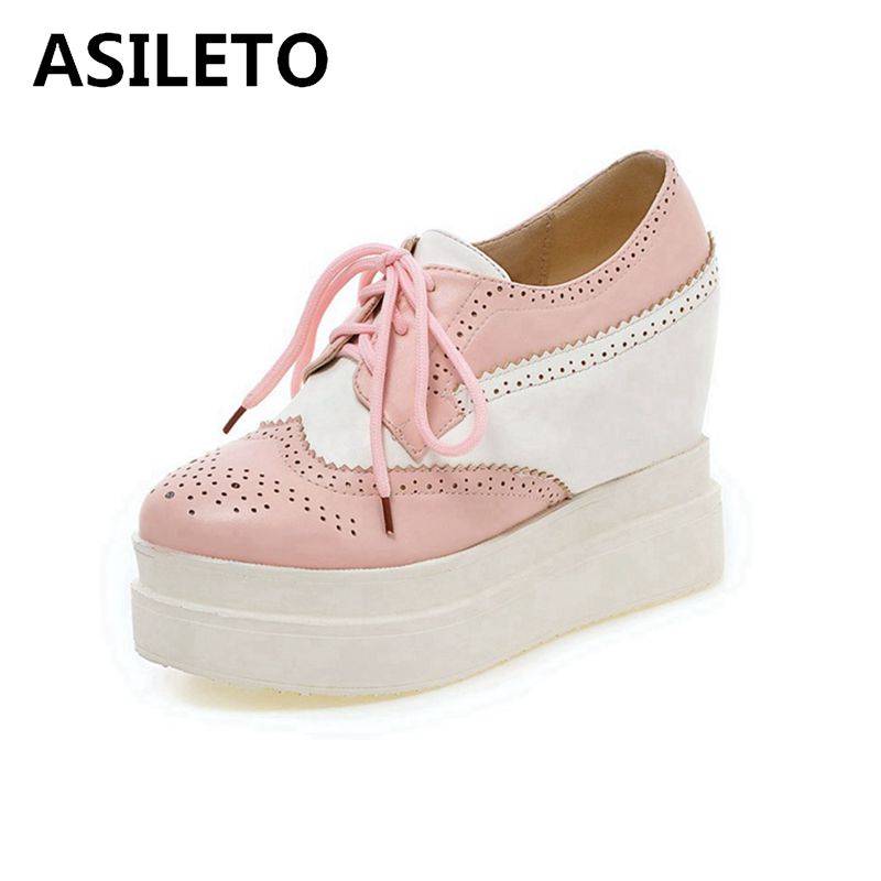 Asileto brogues lady platform pumps snörning creeper oxfords wedge skor för kvinnor vingspets college casual högklackat pumps zapato
