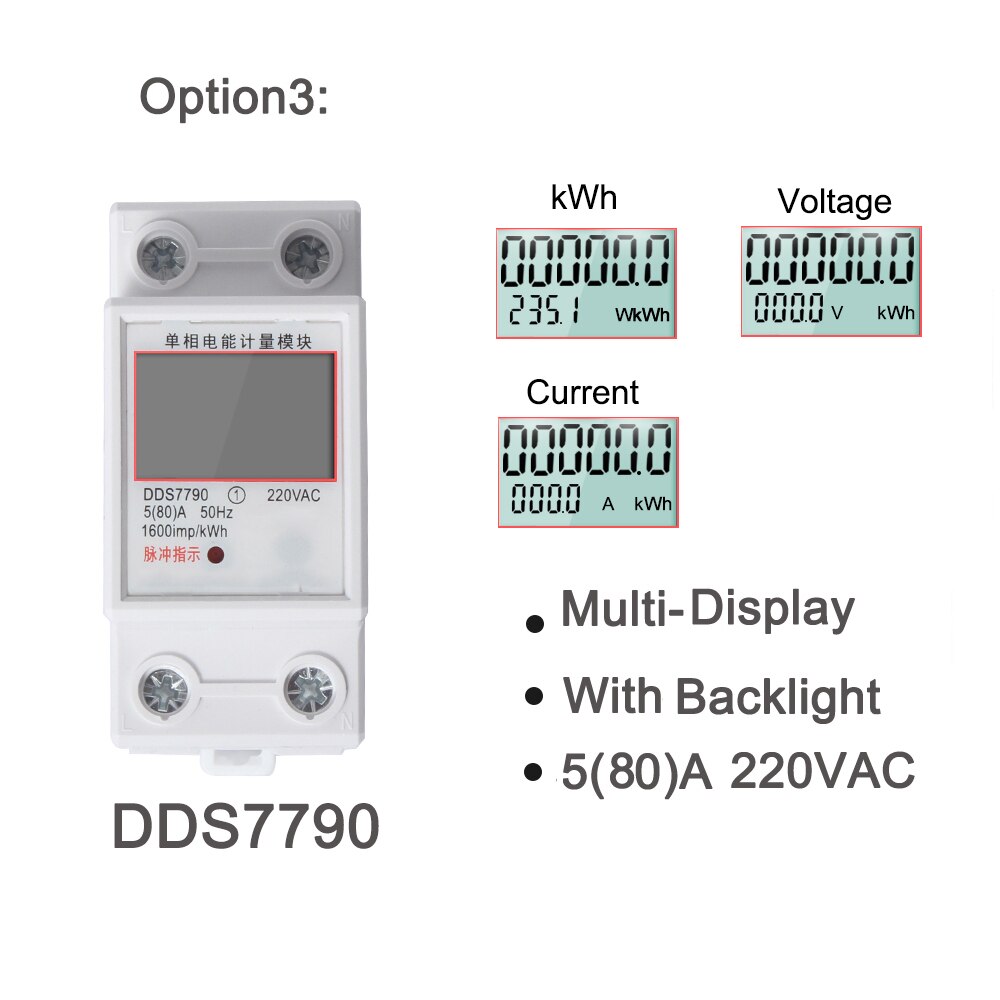 60A Single Phase Two Wire LCD Digital Display Wattmeter Power Consumption Energy Electric Meter 80A AC 230V 50Hz DDS7790: 80A withlight