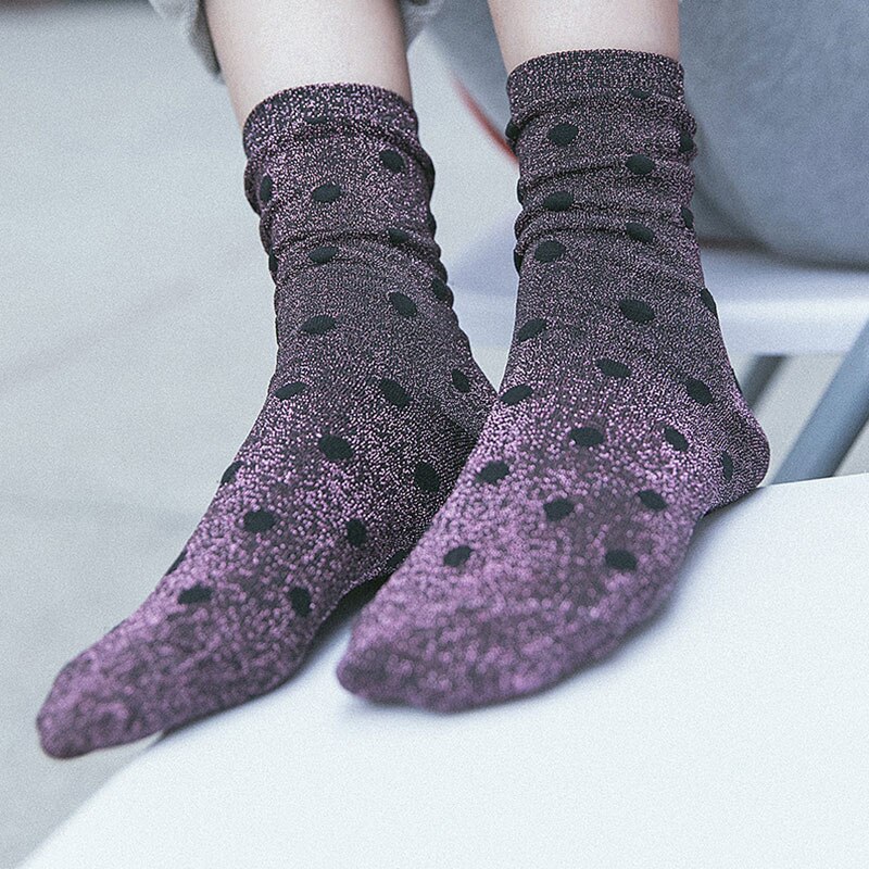 Moda błyszczące Bling polka kropka skarpetki damskie najwyższej jakości błyszczące błyszczące skarpetki główna ulica jasne musujące skarpetki