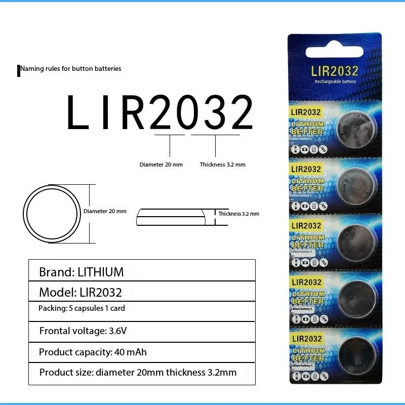 100 Stück LIR2032 praktisch wiederaufladbare Batterie 2032 Lithium-Aufladung kann 3,6 V 40 mAh CR2032 für Uhren-Münzbatterie ersetzen