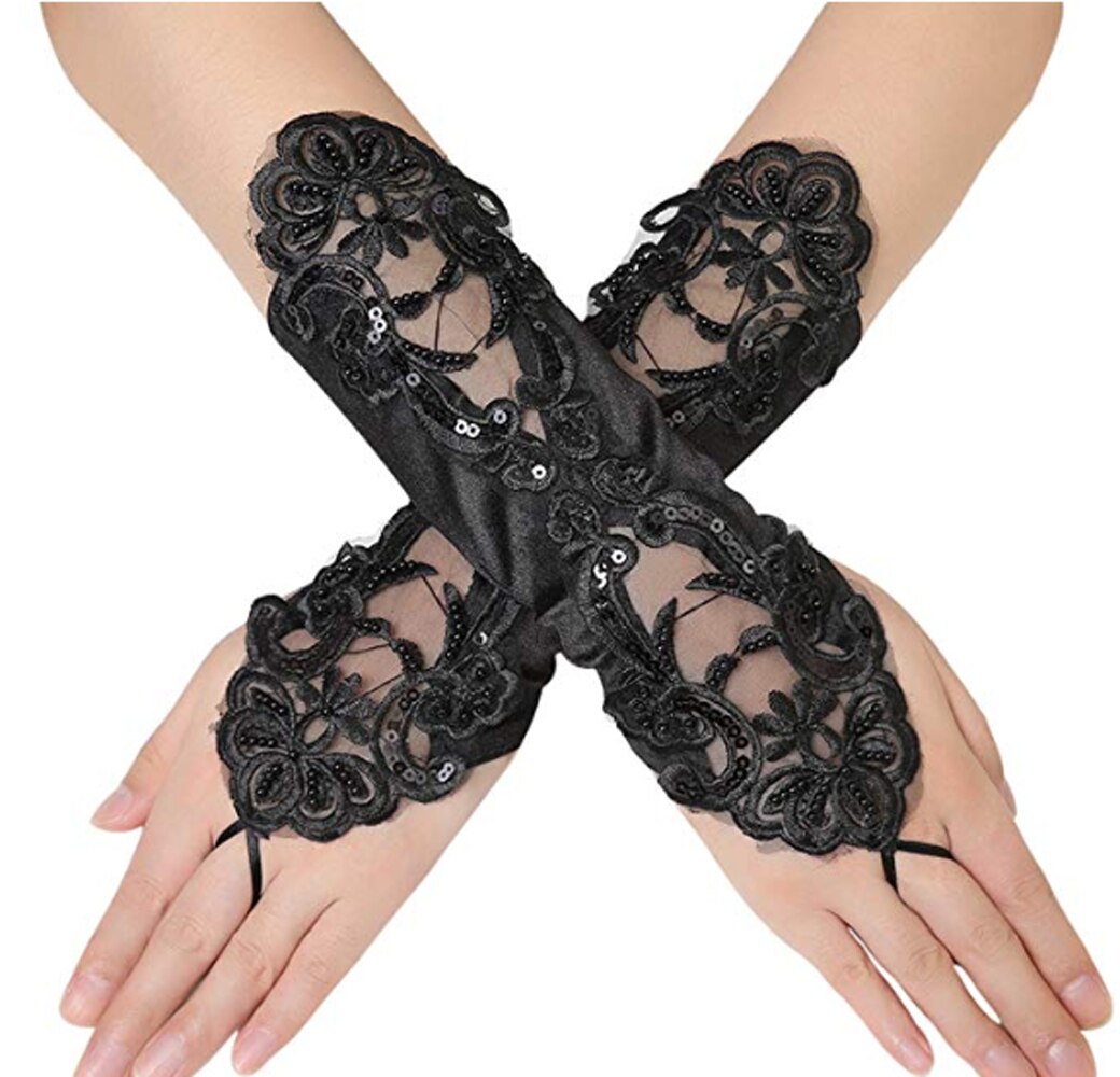 1 Pair Women Bride Long Lace Arm Elbow Gloves Lace Fingerless Gloves Black White: Black3