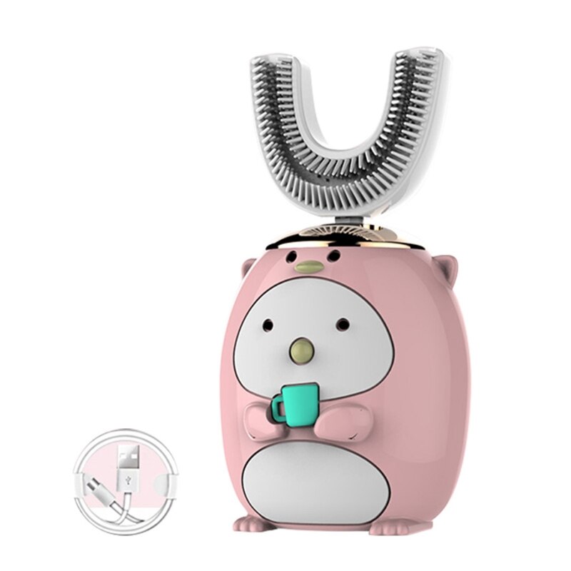 sprytny 360 stopni w kształcie litery U elektryczna szczoteczka robić zębów dla dzieci silikonowa automatyczna szczoteczka ultradźwiękowa kreskówka wzór dla dzieci: różowy-A