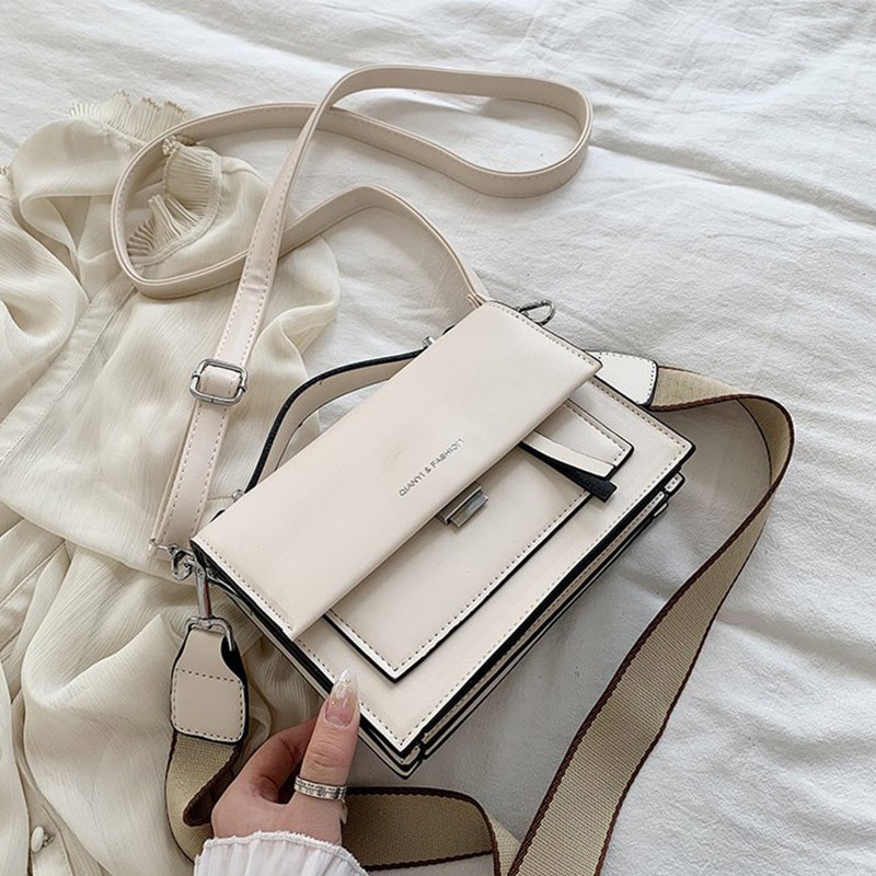 Women's Pu Leather Shoulder Bags With Wide Strap Casual Flap Handbag And Purse Cross Body: white