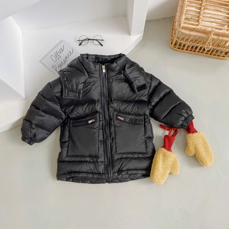 Wintermeisjes warme dikke capuchon donsjacks lange winddicht effen kleur dikkere bovenkleding: Zwart / 5