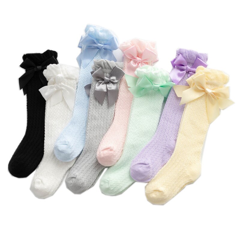 Summer Mesh Baby Girl Socks Bowknot Baby Knee High Socks Solid Color Infant Toddler Long Socks baby girl stuff mesh socks