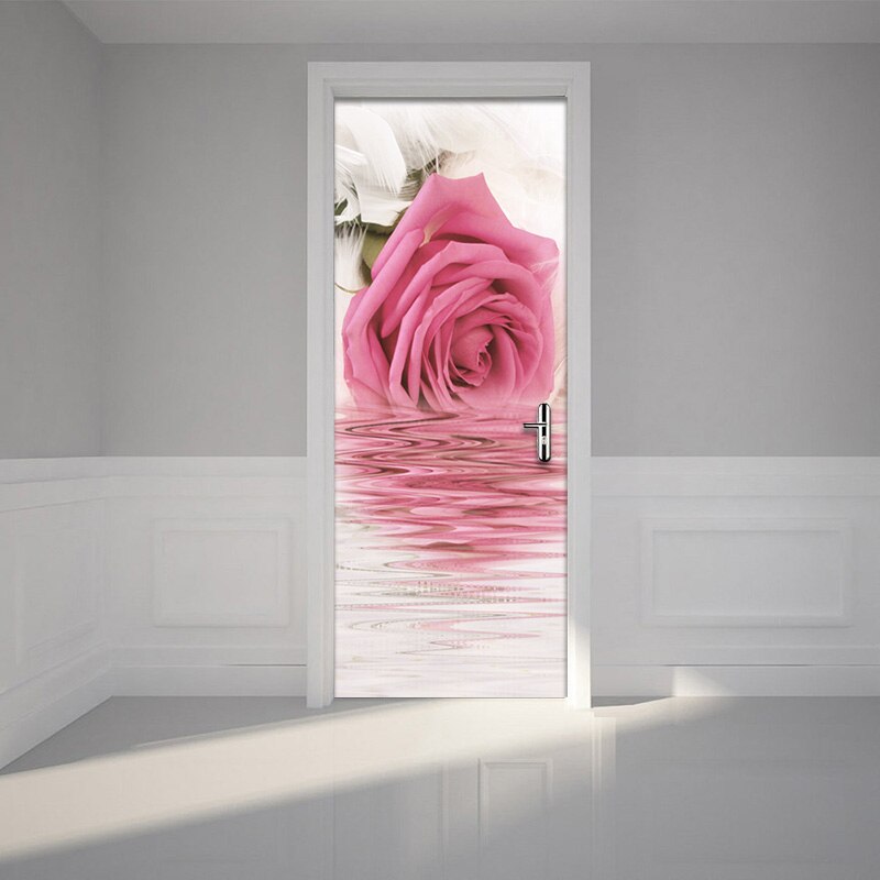 Living Room Pink Rose Flower Door Sticker PVC Waterproof Self-adhesive Bedroom Bathroom Door Mural Poster Wall Papers Home Decor