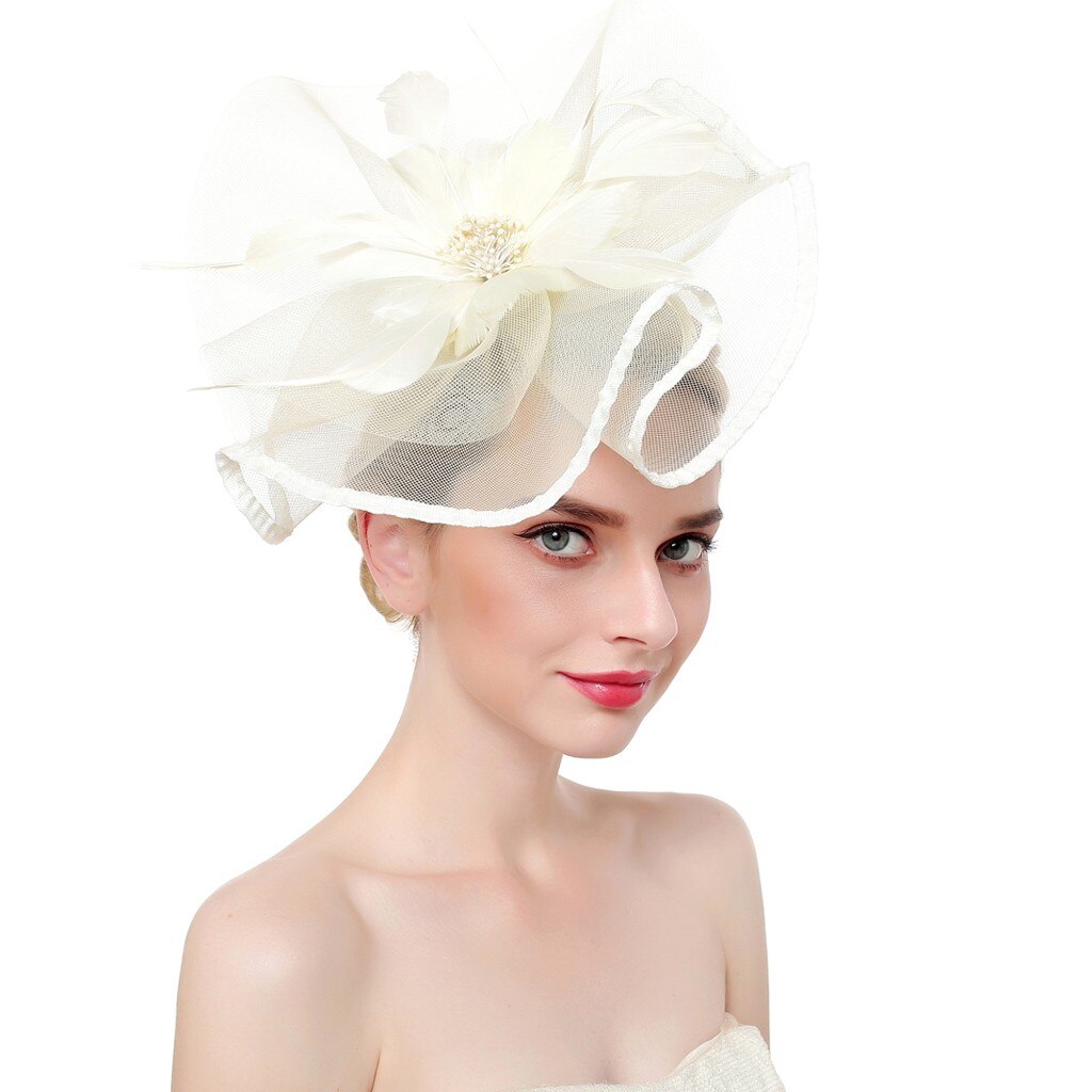 Sombrero de malla de plumas Fascinator para mujer, , diadema de flores grandes, Clip, boda, novia, de té, iglesia, novedad de: Beige