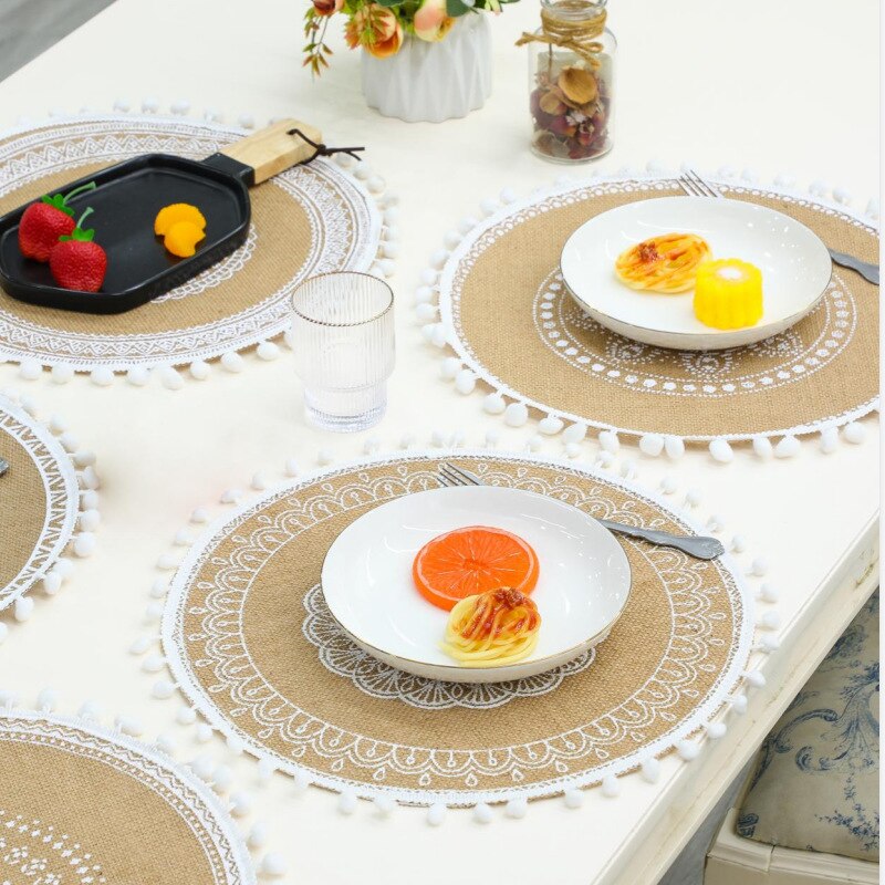 Napperon de Table à manger rond en Jute avec pompon, napperon tissé antidérapant, tapis isolant, dessous de verre pour café, décoration de la maison,