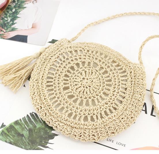 Sac à main en paille tressée en rotin avec pompon rond, sacoche à bandoulière, fourre-tout, sac à dos, fermeture éclair: Beige