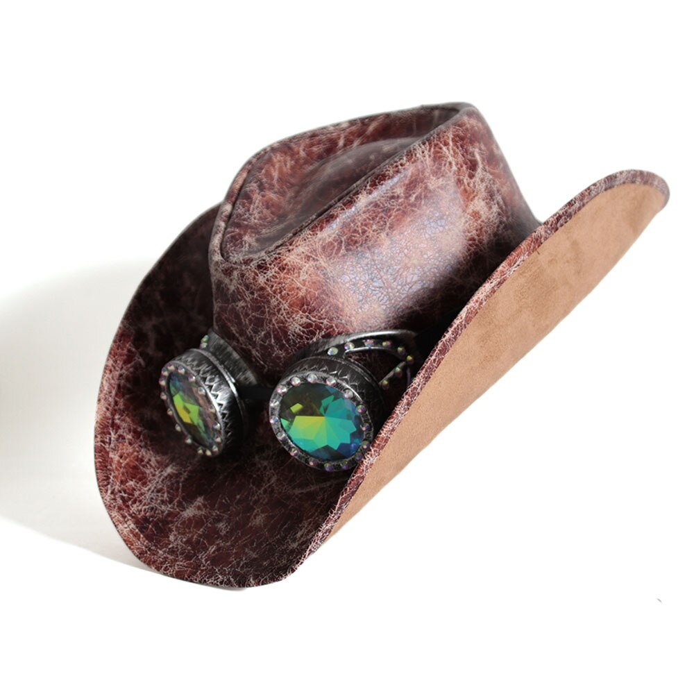 Men Women Leather Western Cowboy Hats With Punk Glasses Jazz Hat Sombrero Hombre Cowgirl Hat Size 58-59CM