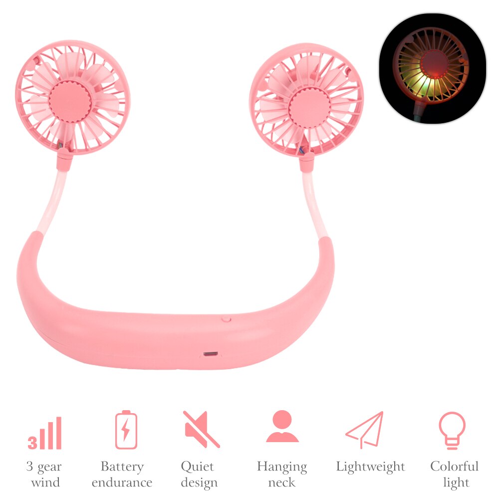 Portable Mini USB Fan Small Personal Rechargeable Neck Fan 3 Speeds With Colorful Light for Office Travel Outdoor Camping