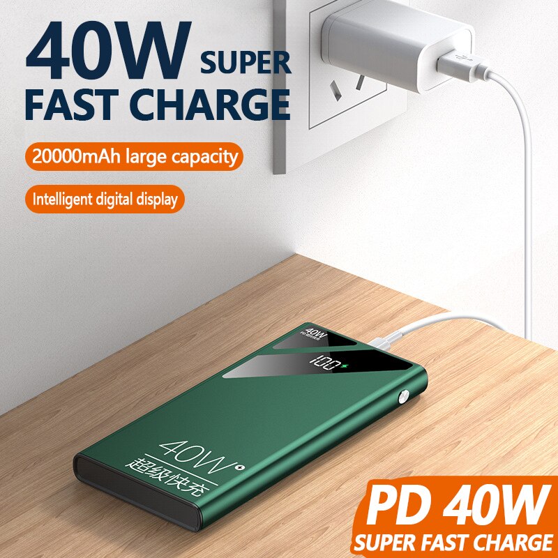 20000mah em dois sentidos de carregamento rápido power bank pd40w display digital bateria externa embutida em cabos com lanterna para iphone mi
