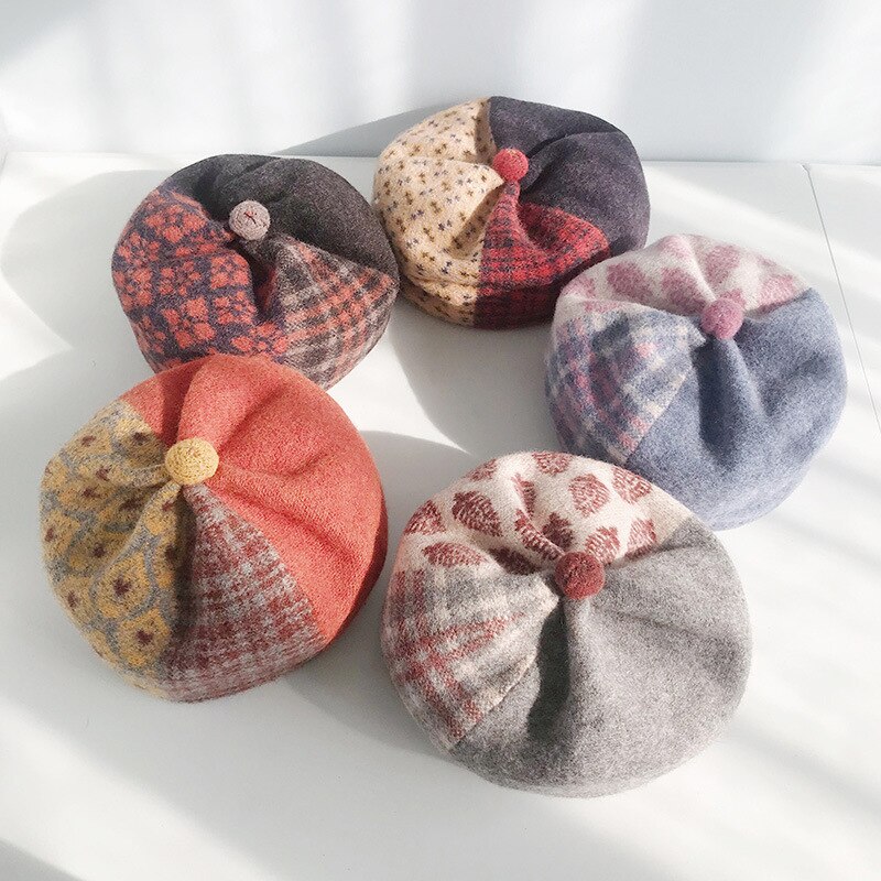 Gorros de invierno para mujer, gorros de lana estilo británico Vintage para chica, sombrero de pintor artístico para mujer, gorro octogonal de lana de otoño e invierno con retazos