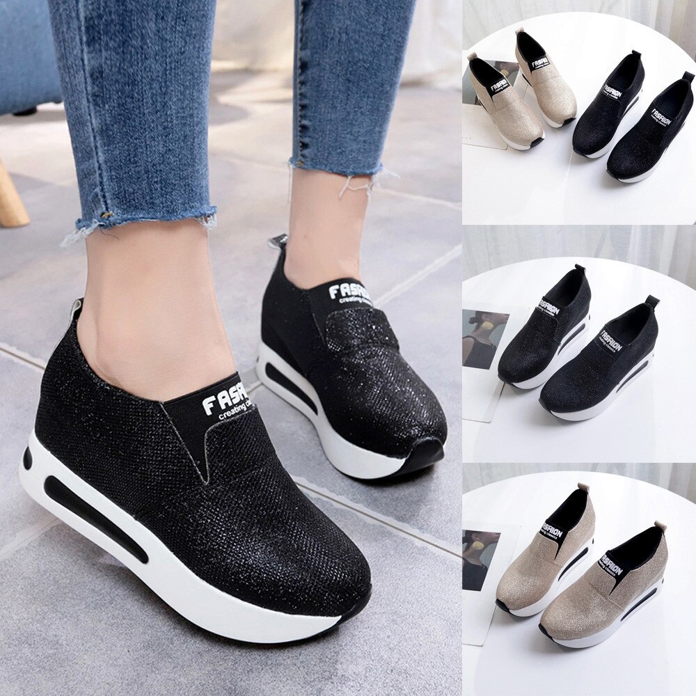 KLV Femmes Plat Fond Épais Chaussures Sans Lacet Bottines Décontracté Plate-Forme Chaussures de Sport scarpe donna l'estive nere zapatillas mujer #5