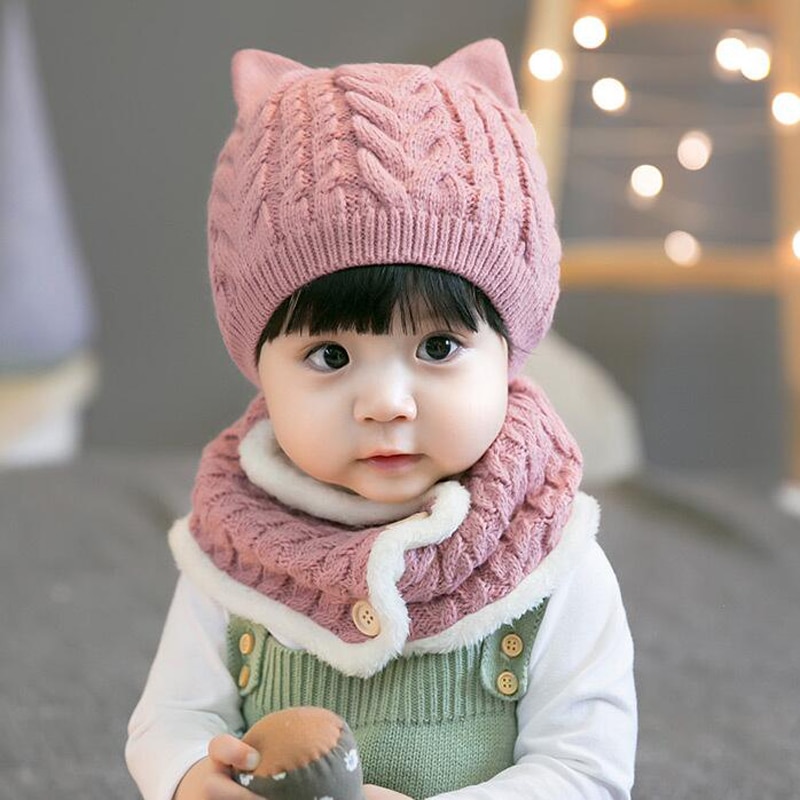 2Pcs Baby Hat Scarf Set Warm Knitted Baby Winter Hat Cap Bonnet Kids Hat Boy Girl Caps Boys Girls Crochet Beanie Autumn: pink
