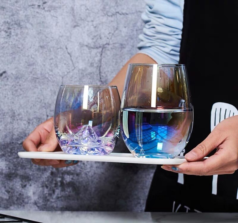 Rainbow glass color starry sky cup coffee cup milk glass home office shop transparent round pot-bellied crystal cup