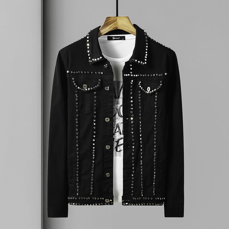 Chaqueta vaquera de leopardo para hombre, ropa informal con de varias telas, remaches Punk, prendas de vestir, estilo Hip Hop,: Negro / XXXL