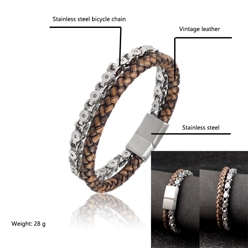 Pulseira de couro trançado para homens vintage, 4 tamanhos de tigre, pedra de amuleto, pulseira étnica rústica de aço inoxidável com contas: grey bike chain / 18.5 centímetros