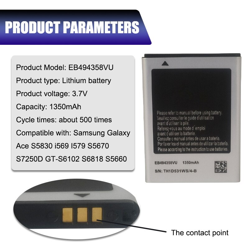 1 kpl puhelimen akku  eb494358vu samsung galaxy ace  s5830 s5660 s7250d s5670 i569 i579 gt-s6102 s6818 gt-s5839i 1350 mah:lle