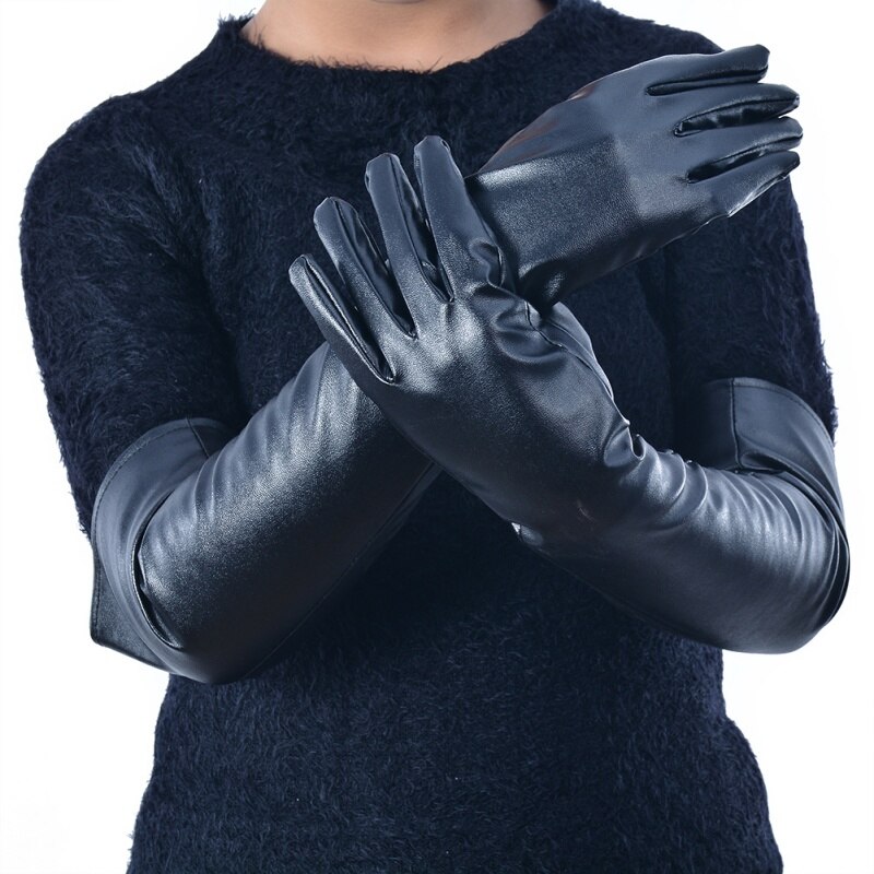 Guantes largos de invierno para mujer, cálidos dedos forrados, piel sintética, guante hasta el codo, Feamle, Negro, Rojo, resistente al agua