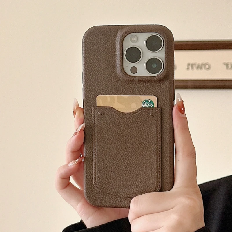 Leather Pattern Card Bag Slot Holder Wallet Case For iphone 13 14 15 16 Pro Max 15 14 Pro Shockproof Soft Silicone Cover: for iphone14 (6.1") / Dark Khaki