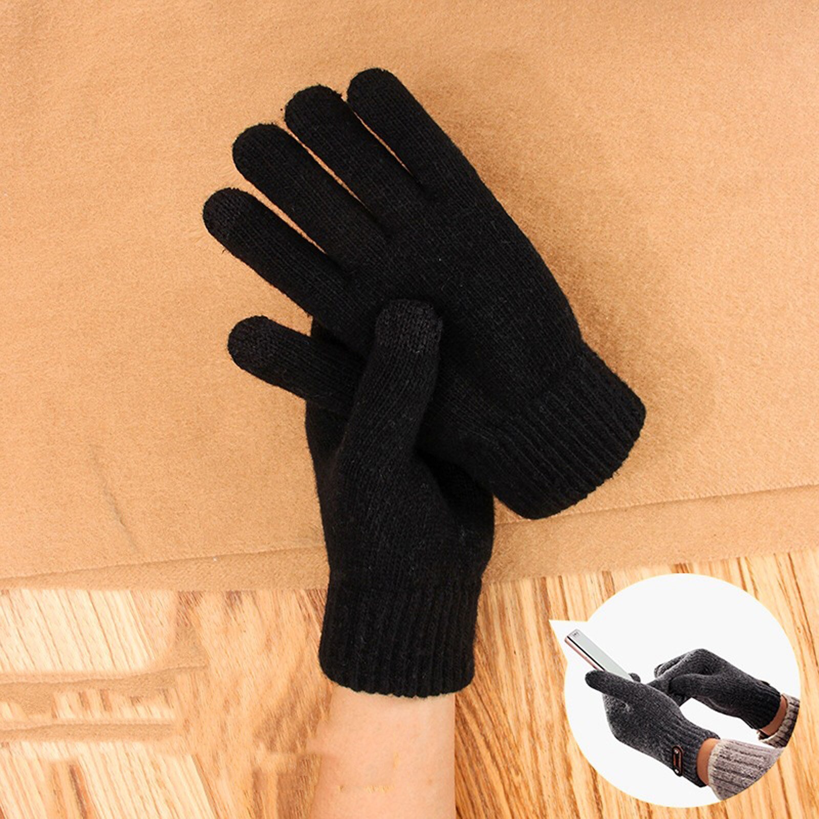 Winter Women Gloves Windproof Knit Plush Thickened Double Warm Lady Mittens Touch Screen Skin-friendly Soft Female Glove: BK